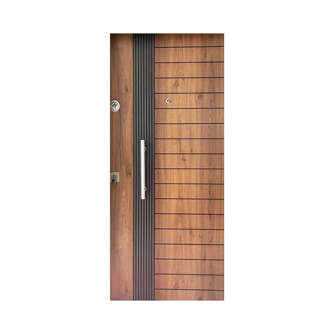 WD-M005 wooden door — designer geometric cnc design in two-tone laminate with CNC V-grooving