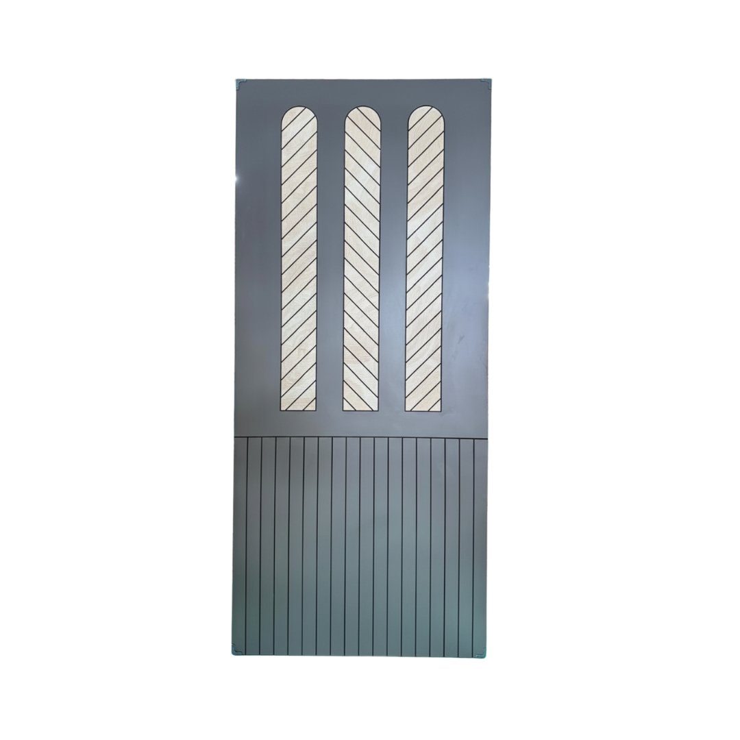 WD-M015 wooden door — designer geometric cnc design in two-tone laminate with CNC V-grooving