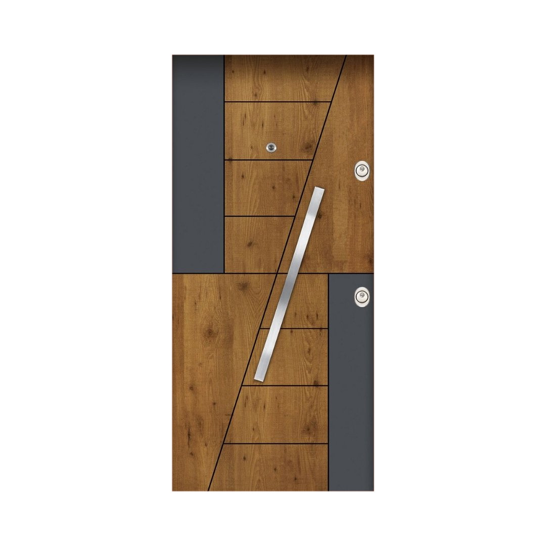 WD-M056 wooden door — designer geometric cnc design in two-tone laminate with CNC V-grooving