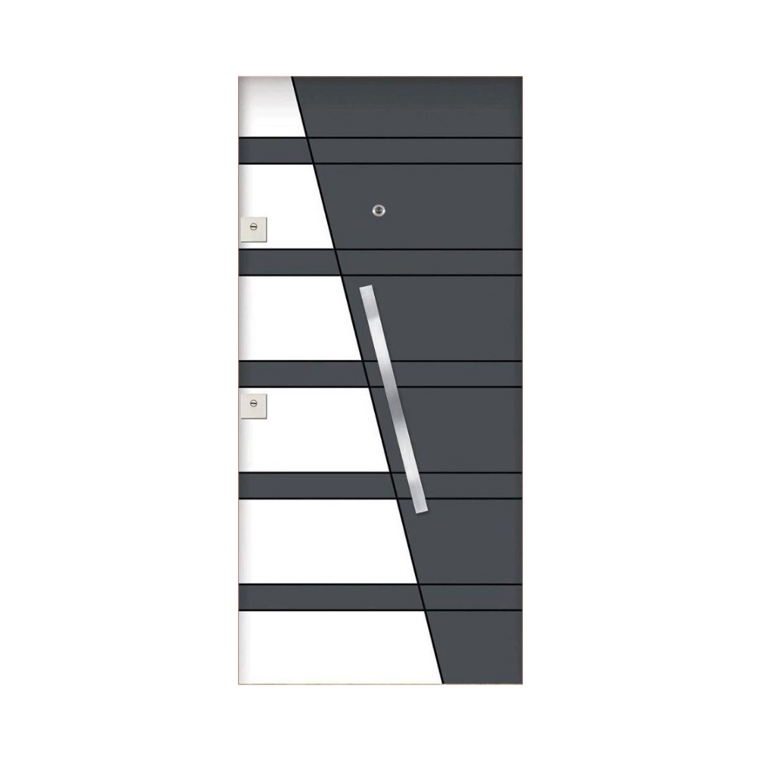 WD-M060 wooden door — designer geometric cnc design in two-tone laminate with CNC V-grooving
