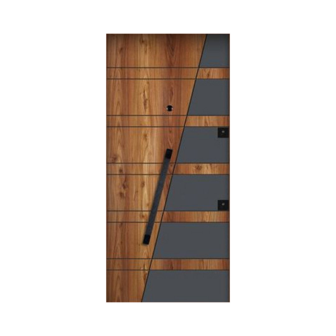 WD-M064 wooden door — designer geometric cnc design in two-tone laminate with CNC V-grooving