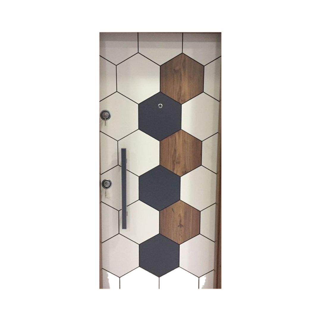 WD-M080 wooden door — designer geometric cnc design in two-tone laminate with CNC V-grooving