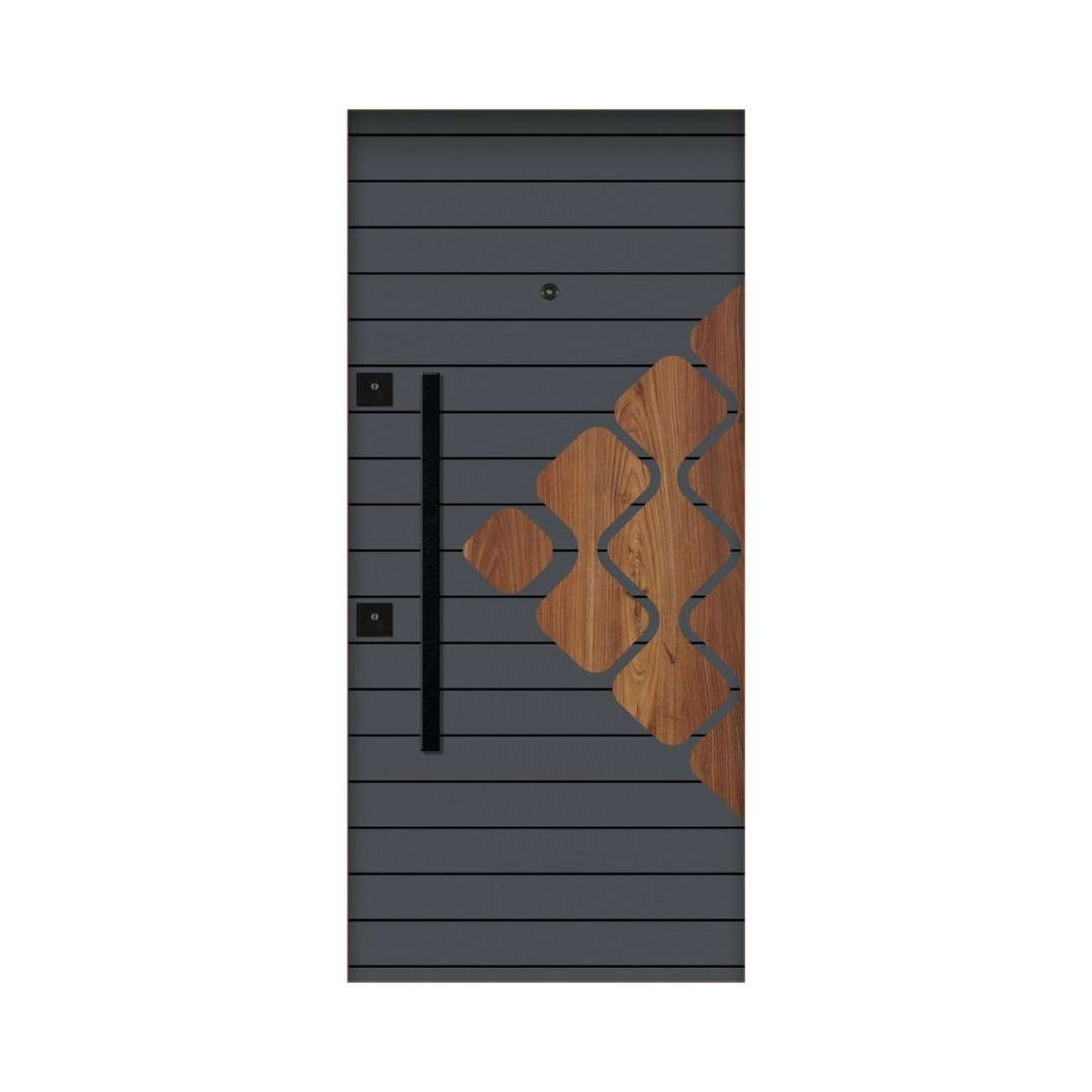 WD-M085 wooden door — designer geometric cnc design in two-tone laminate with CNC V-grooving