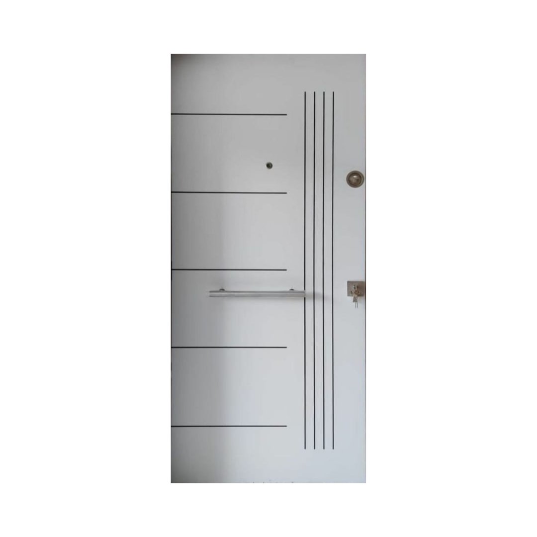 WD-S009 wooden door — modern groove minimalist design in single-colour laminate with CNC V-grooving