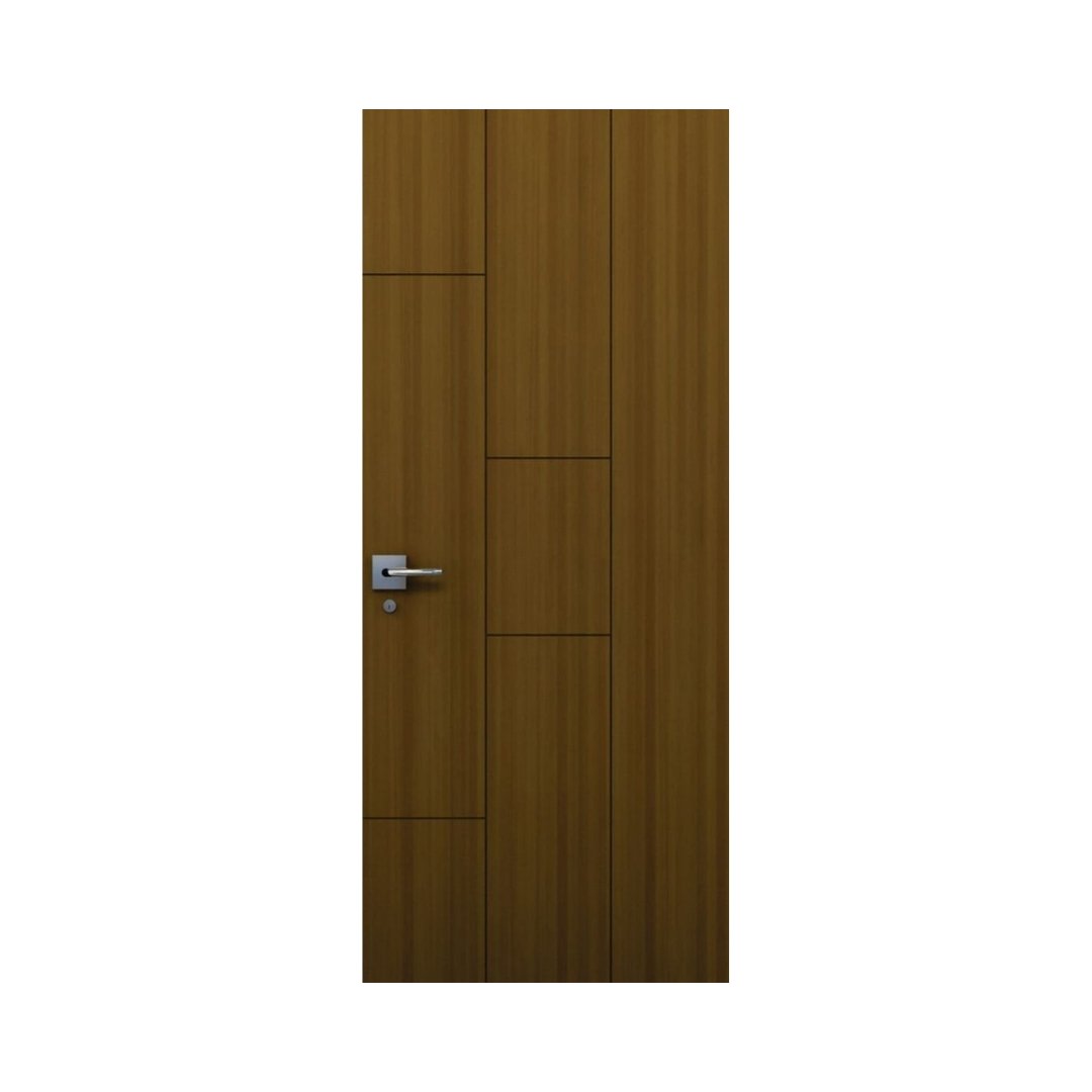 WD-S011 wooden door — modern groove minimalist design in single-colour laminate with CNC V-grooving