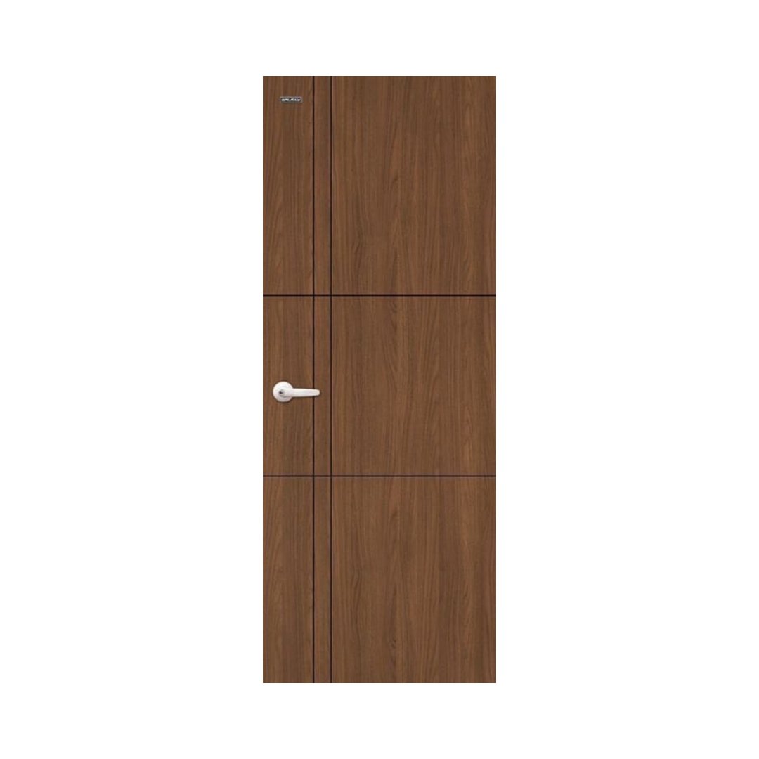 WD-S013 wooden door — modern groove minimalist design in single-colour laminate with CNC V-grooving