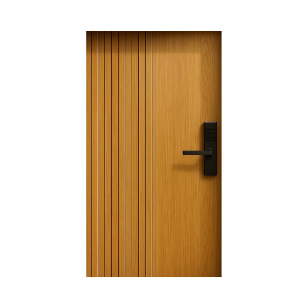 WD-S017 wooden door — modern groove minimalist design in single-colour laminate with CNC V-grooving