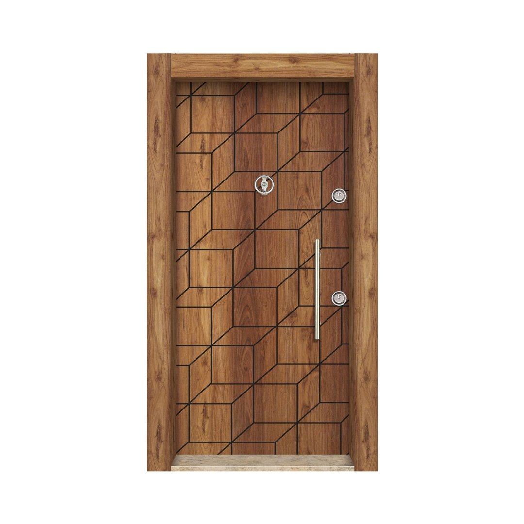 WD-S023 wooden door — modern groove minimalist design in single-colour laminate with CNC V-grooving