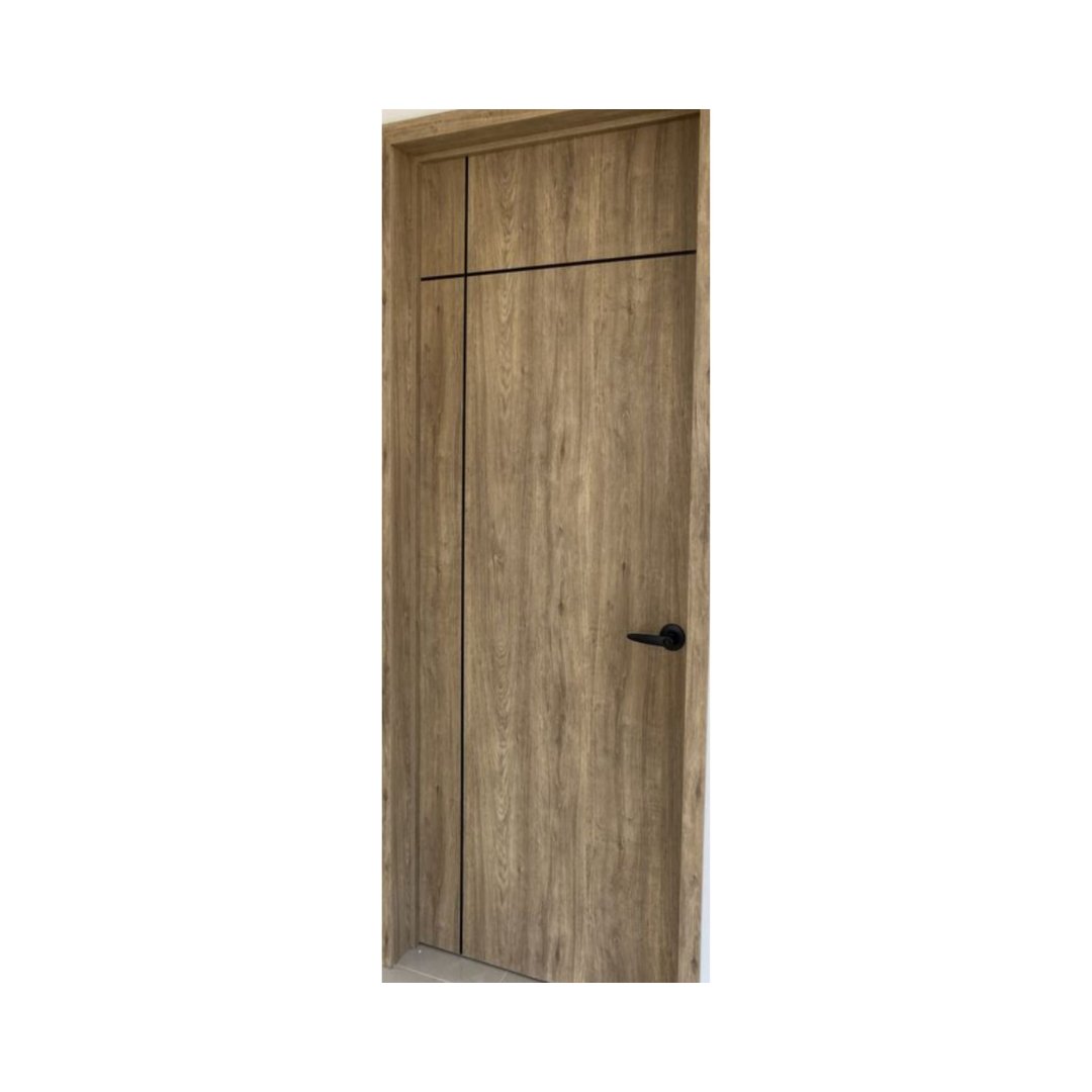 WD-S026 wooden door — modern groove minimalist design in single-colour laminate with CNC V-grooving