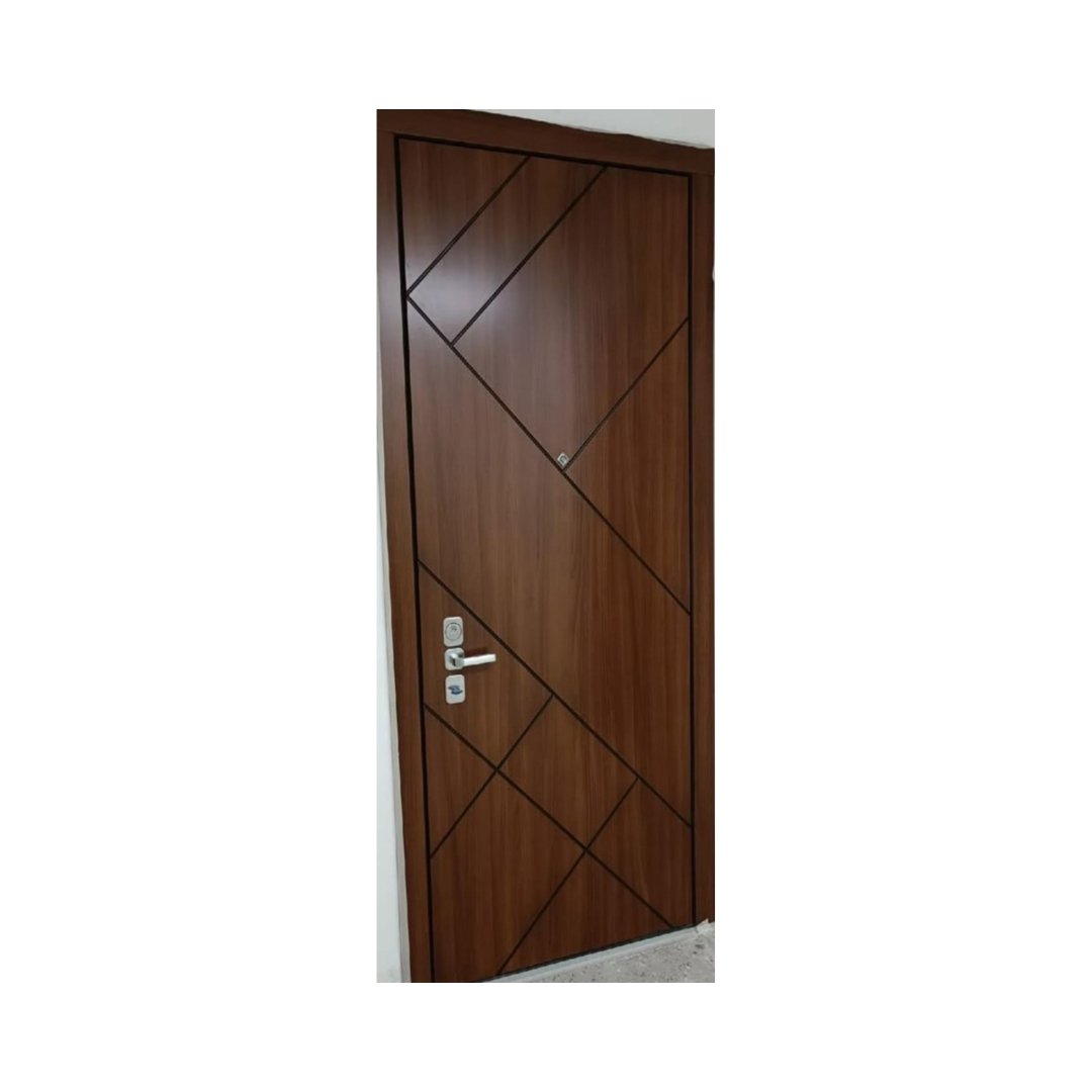 WD-S045 wooden door — modern groove minimalist design in single-colour laminate with CNC V-grooving