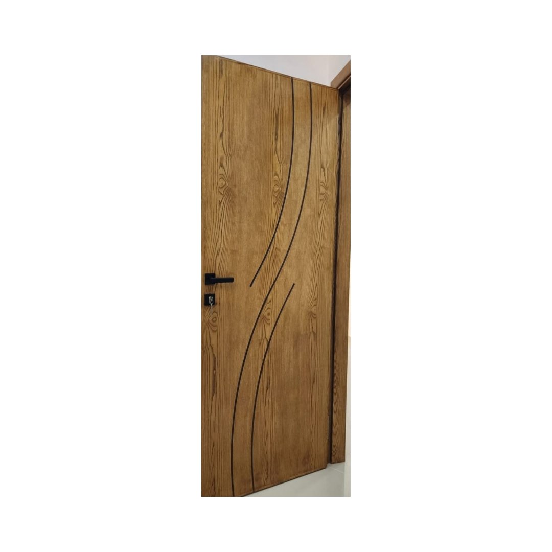 WD-S048 wooden door — modern groove minimalist design in single-colour laminate with CNC V-grooving