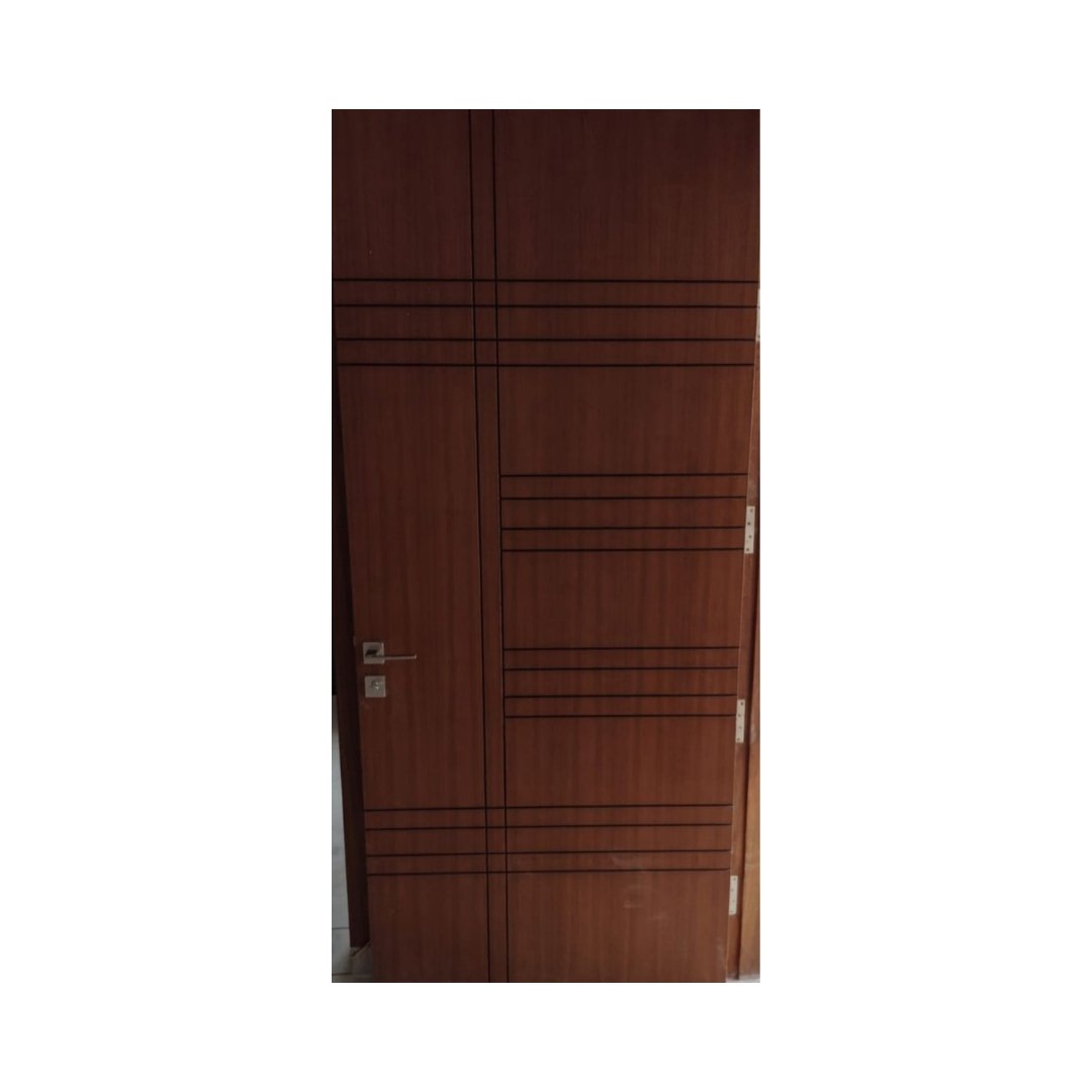 WD-S049 wooden door — modern groove minimalist design in single-colour laminate with CNC V-grooving