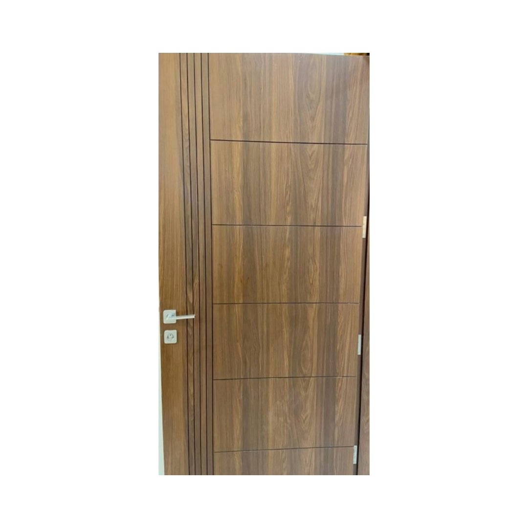 WD-S050 wooden door — modern groove minimalist design in single-colour laminate with CNC V-grooving