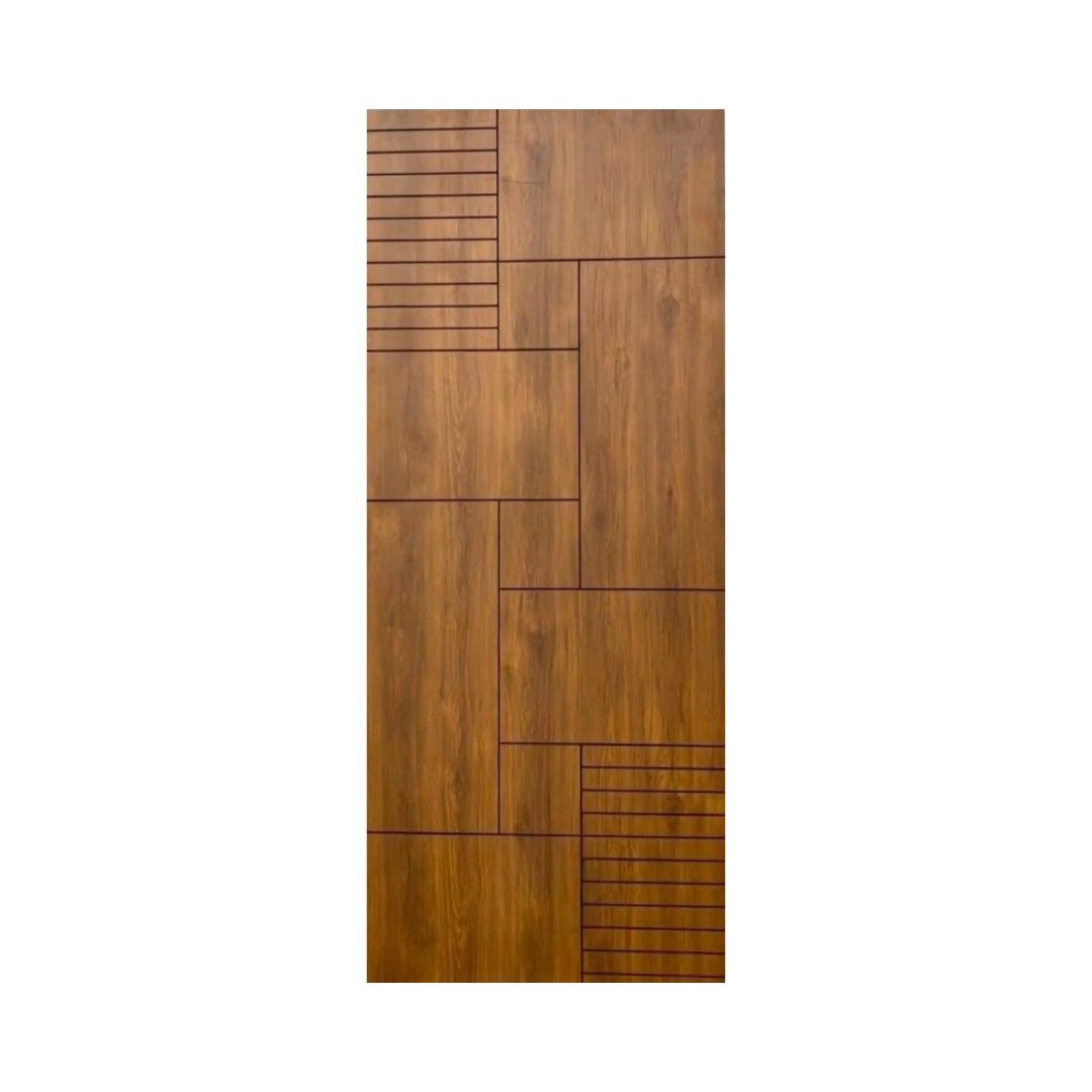 WD-S051 wooden door — modern groove minimalist design in single-colour laminate with CNC V-grooving