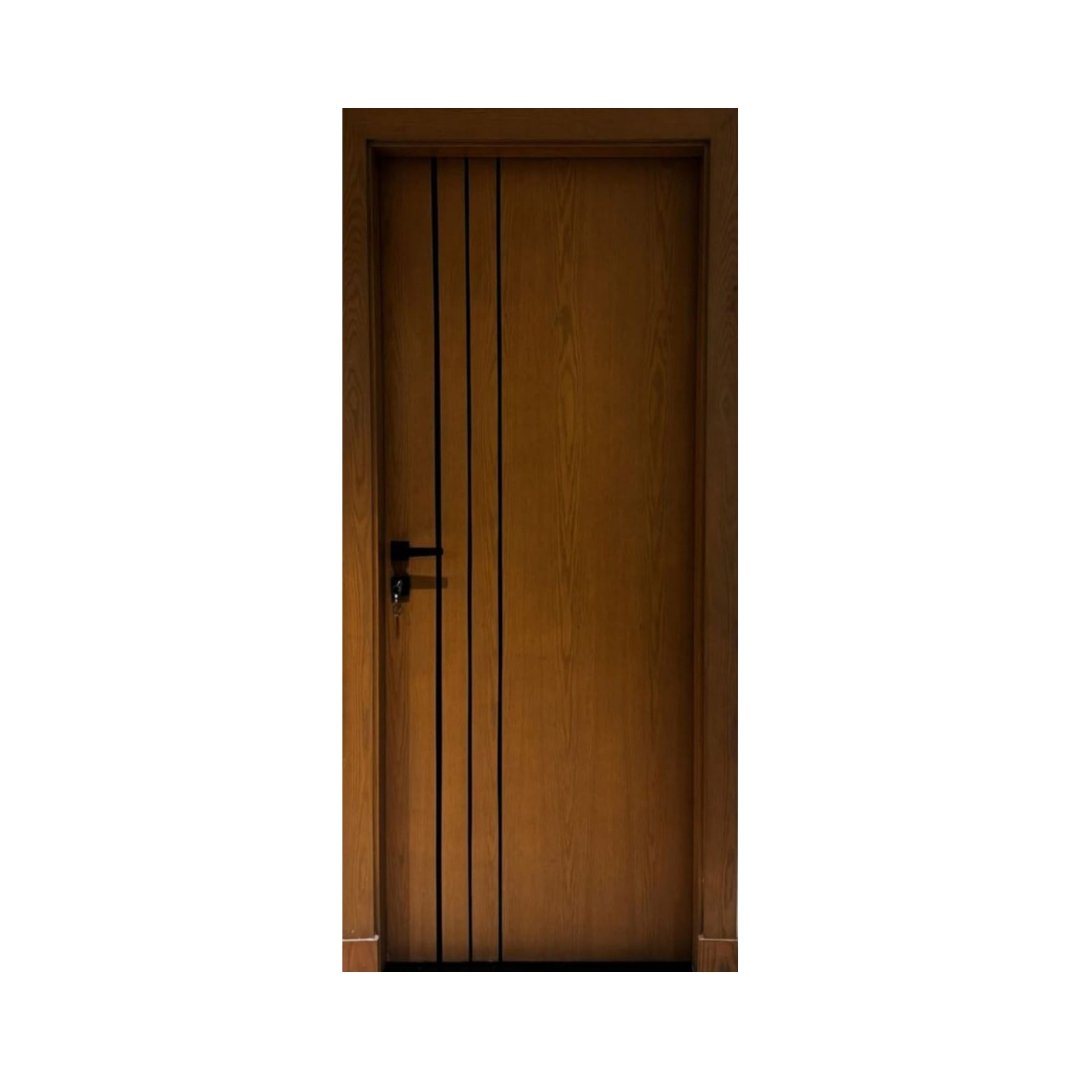 WD-S053 wooden door — modern groove minimalist design in single-colour laminate with CNC V-grooving