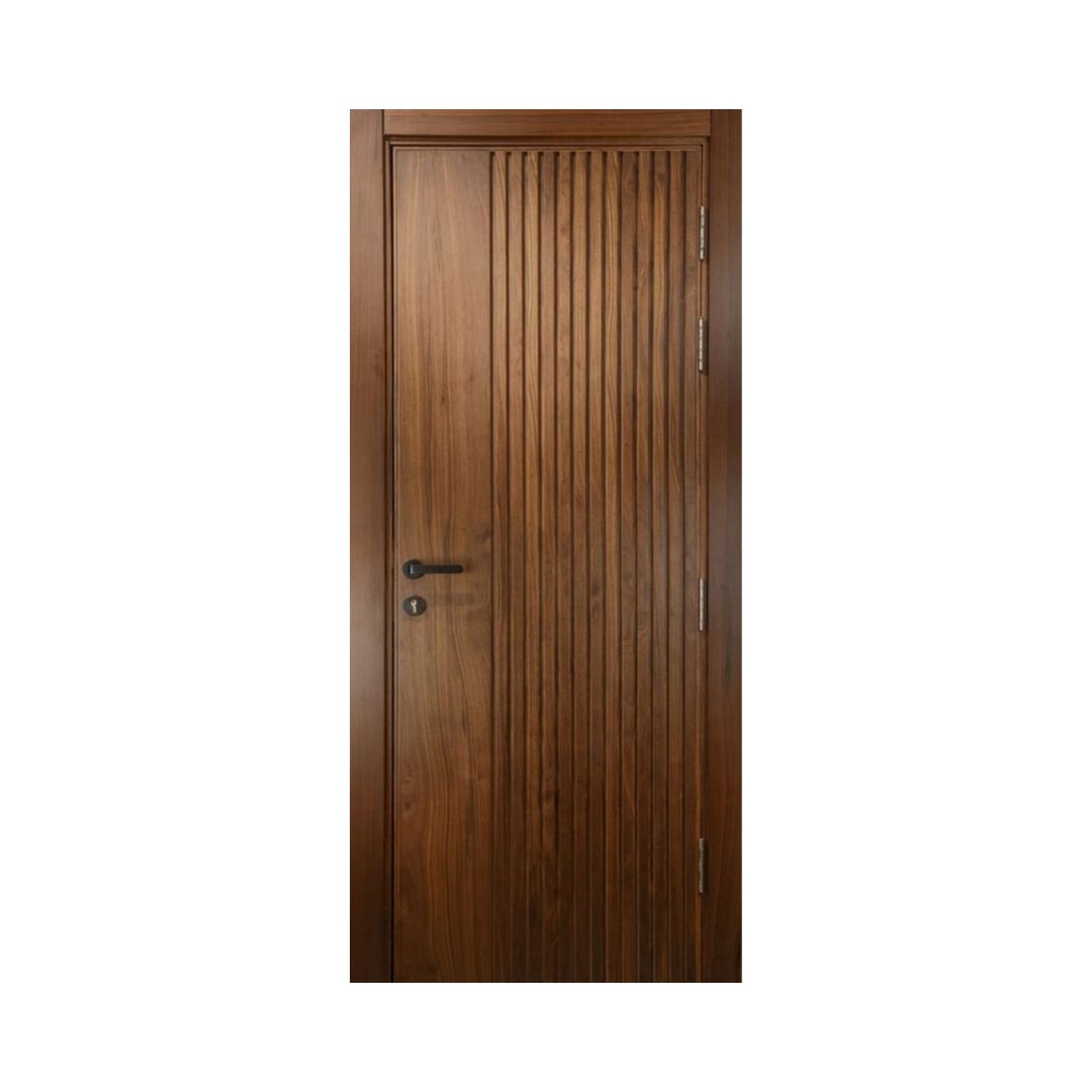 WD-S054 wooden door — modern groove minimalist design in single-colour laminate with CNC V-grooving