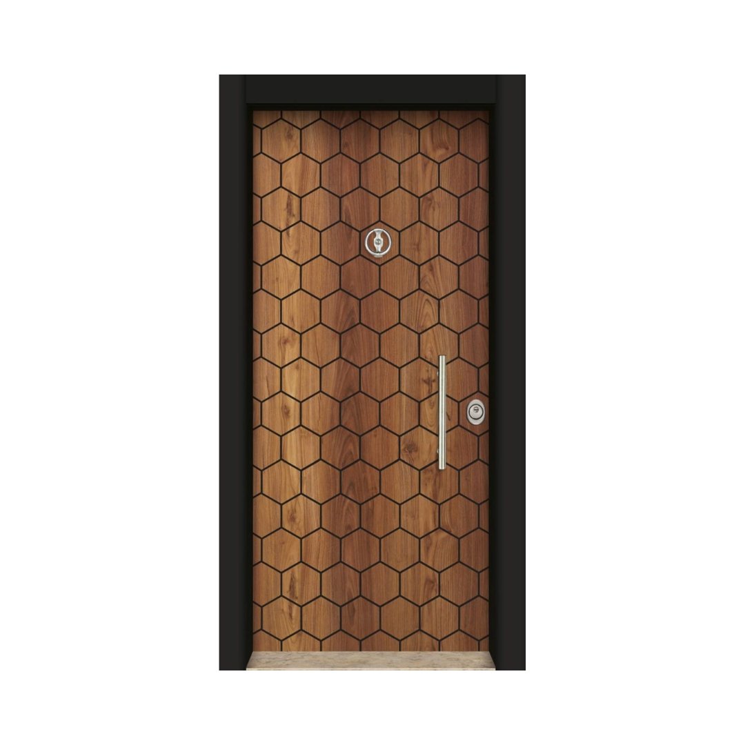 WD-S057 wooden door — modern groove minimalist design in single-colour laminate with CNC V-grooving