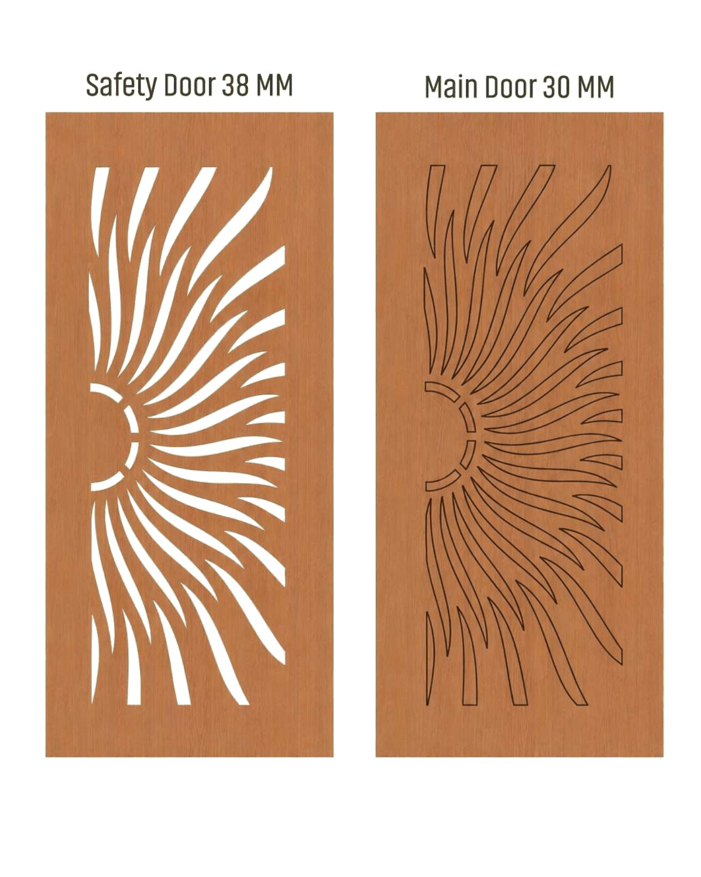 WD-501 wooden door — matched safety grill & main leaf design in laminate face over a CNC steel safety grill