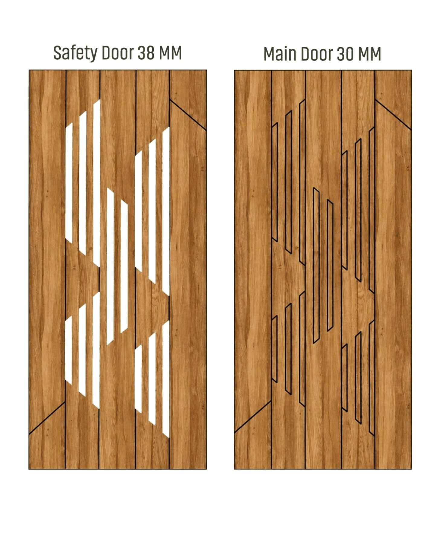 WD-502 wooden door — matched safety grill & main leaf design in laminate face over a CNC steel safety grill
