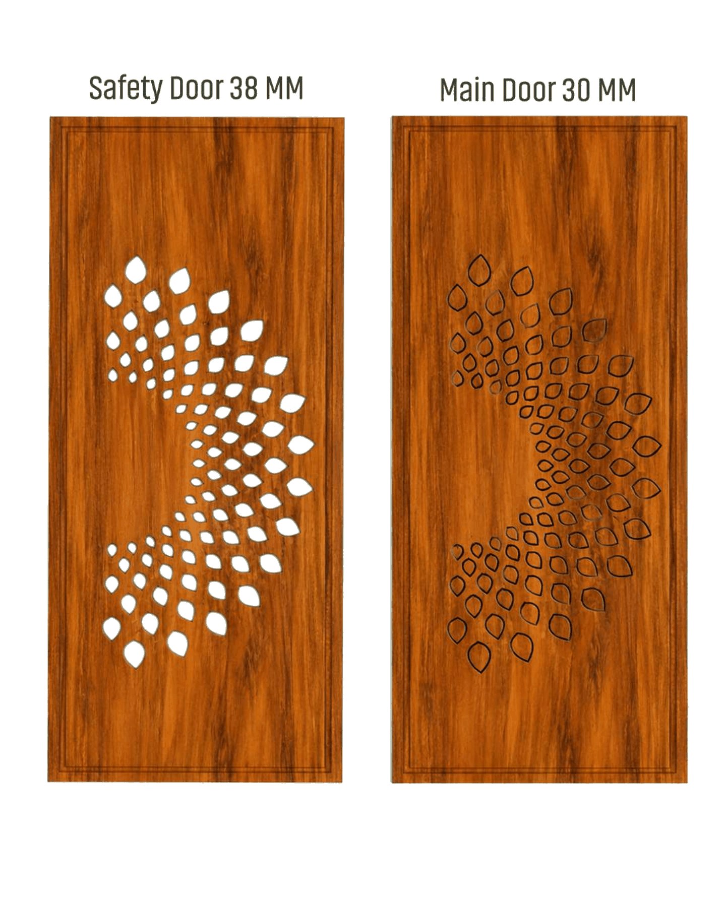 WD-503 wooden door — matched safety grill & main leaf design in laminate face over a CNC steel safety grill