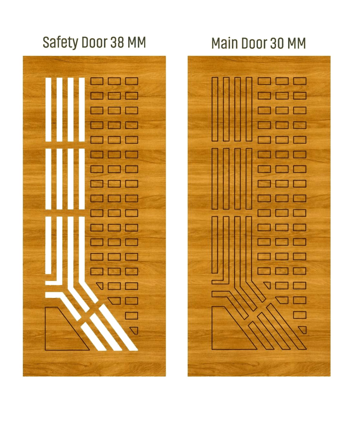 WD-504 wooden door — matched safety grill & main leaf design in laminate face over a CNC steel safety grill
