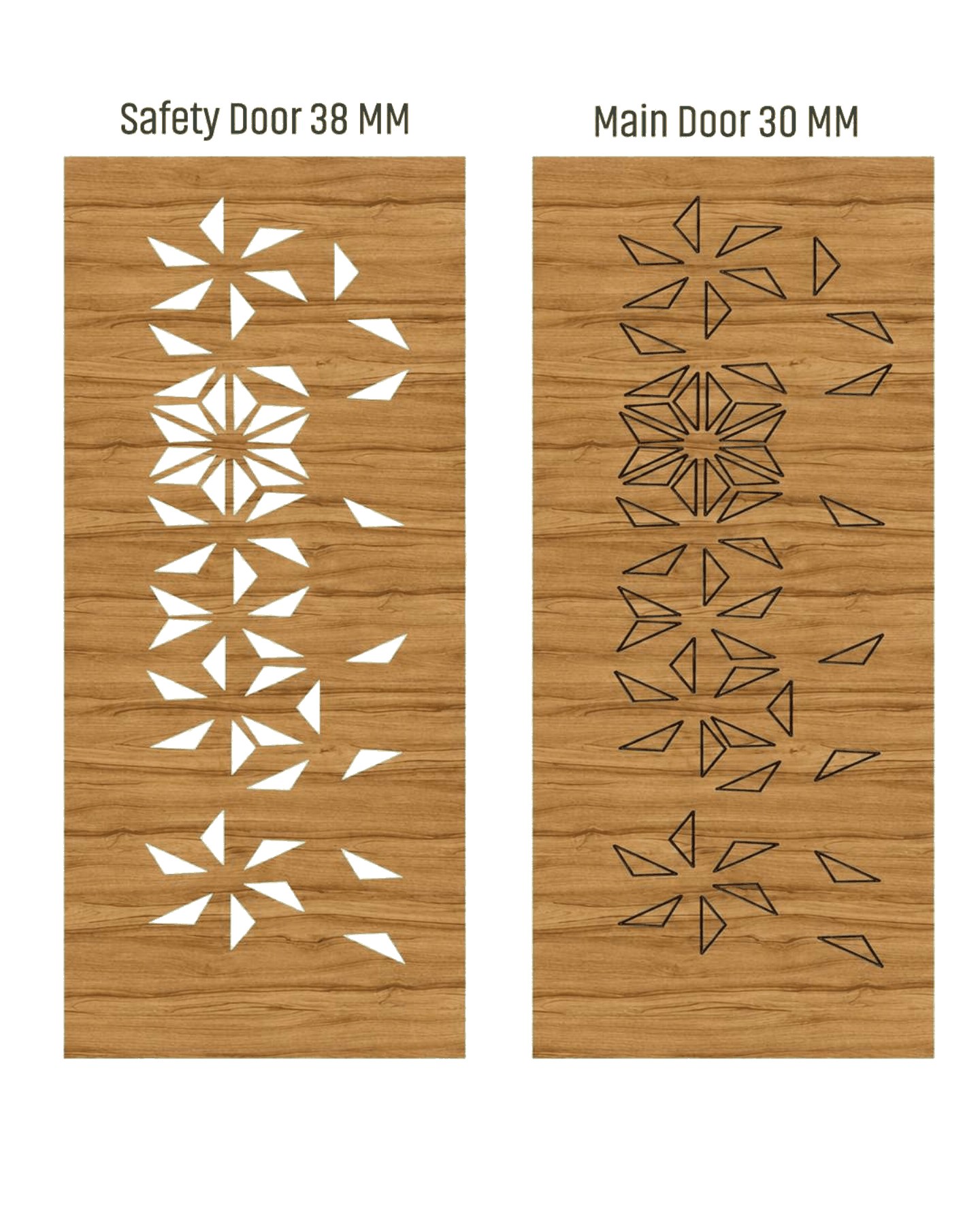 WD-505 wooden door — matched safety grill & main leaf design in laminate face over a CNC steel safety grill