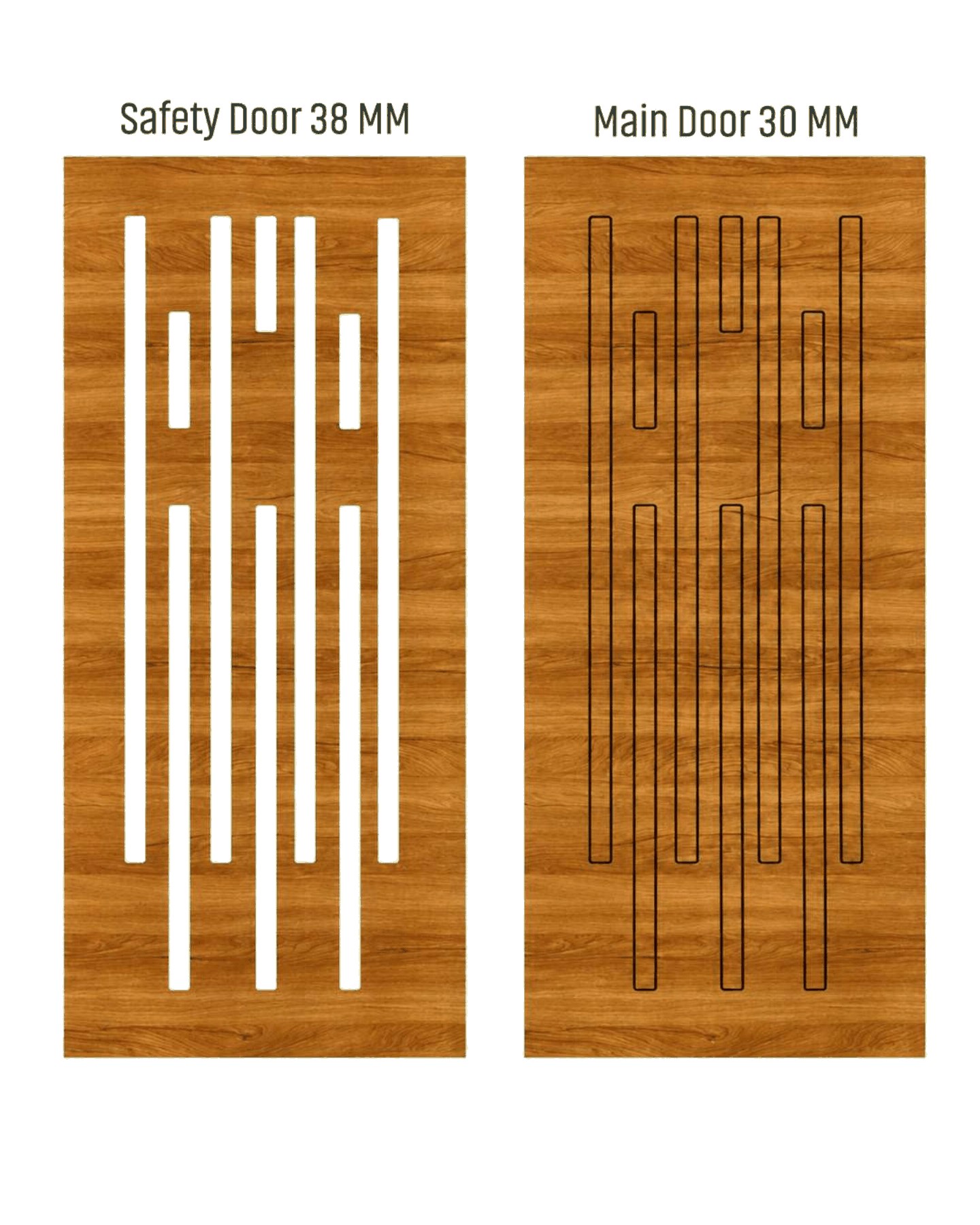 WD-506 wooden door — matched safety grill & main leaf design in laminate face over a CNC steel safety grill