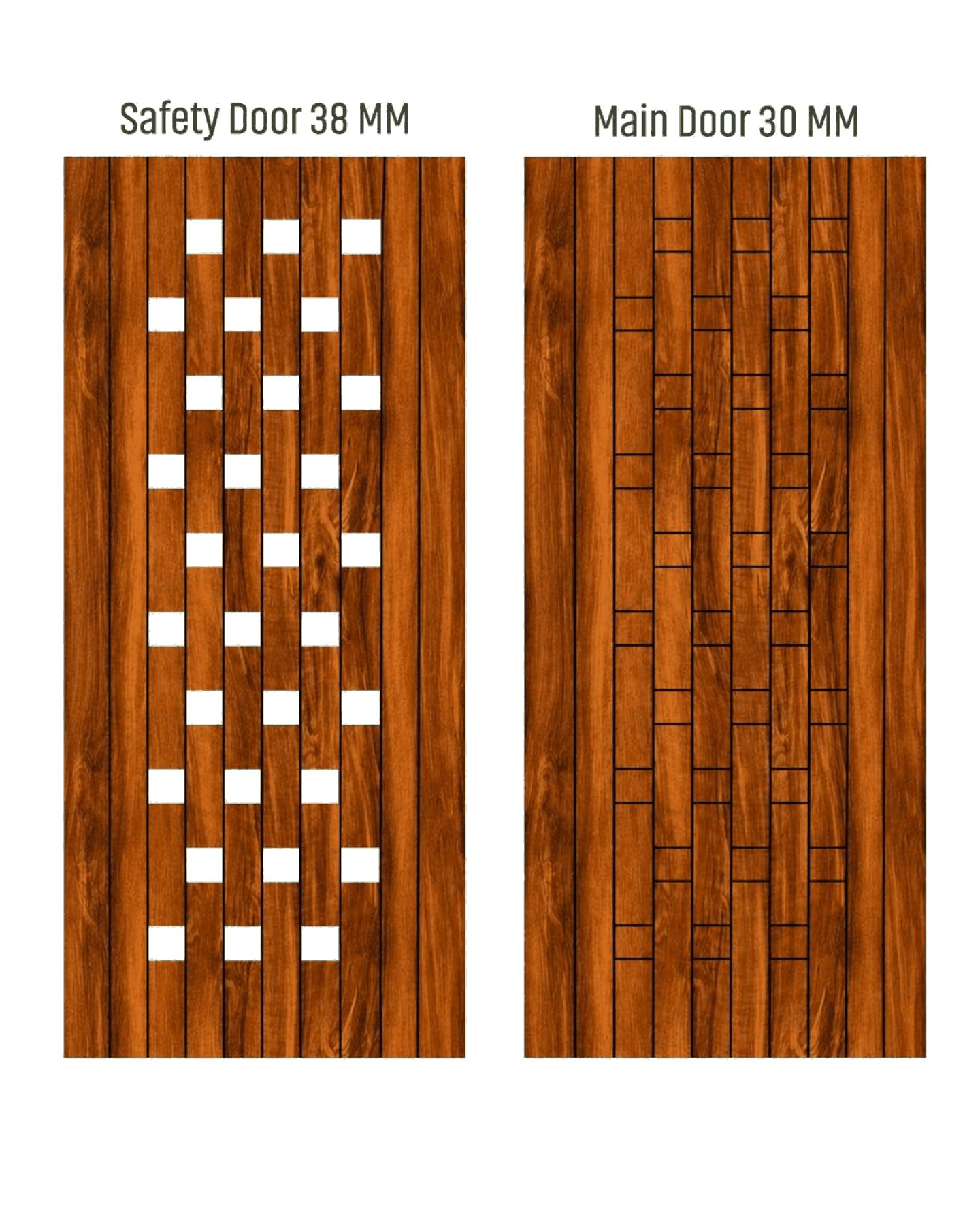 WD-509 wooden door — matched safety grill & main leaf design in laminate face over a CNC steel safety grill