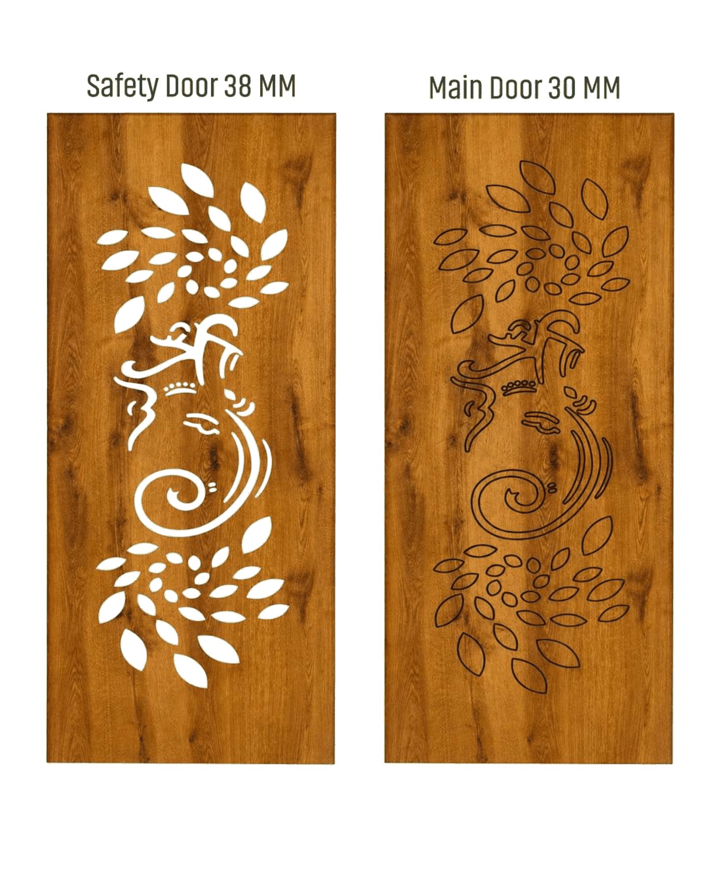 WD-511 wooden door — matched safety grill & main leaf design in laminate face over a CNC steel safety grill
