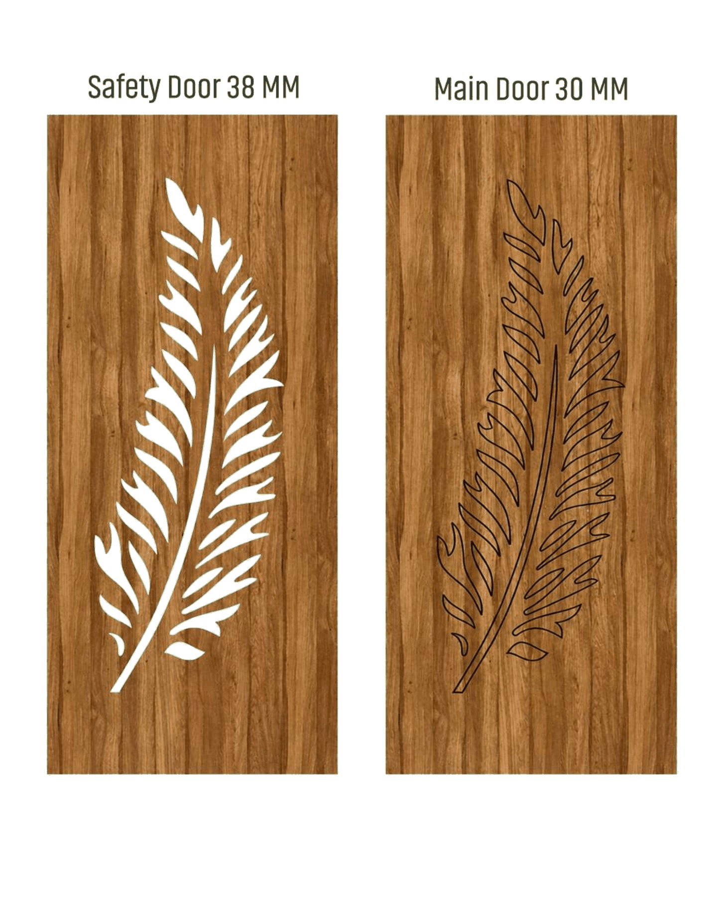 WD-512 wooden door — matched safety grill & main leaf design in laminate face over a CNC steel safety grill