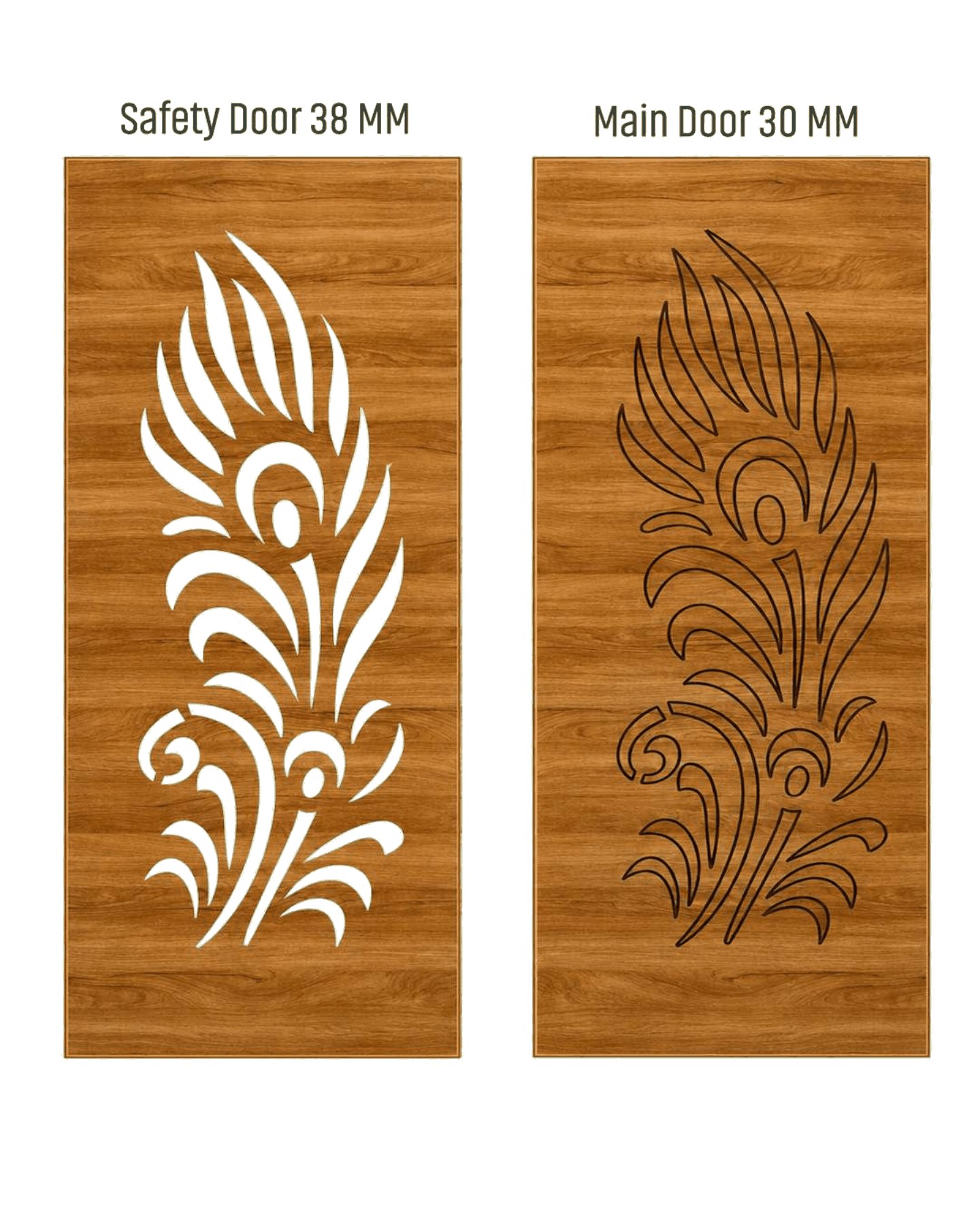 WD-513 wooden door — matched safety grill & main leaf design in laminate face over a CNC steel safety grill