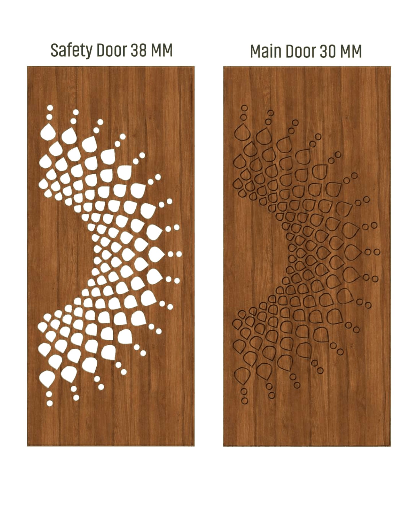 WD-514 wooden door — matched safety grill & main leaf design in laminate face over a CNC steel safety grill