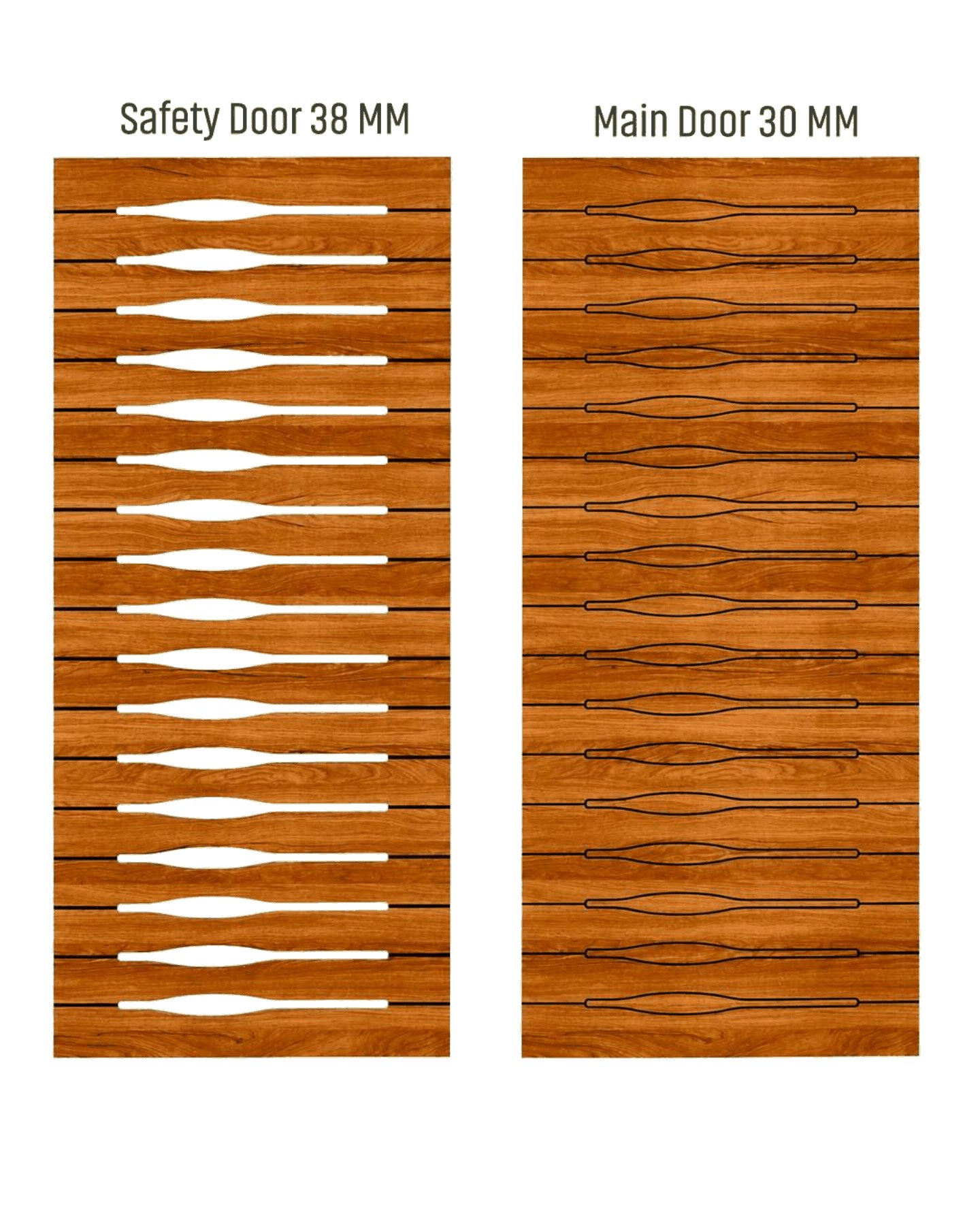 WD-516 wooden door — matched safety grill & main leaf design in laminate face over a CNC steel safety grill