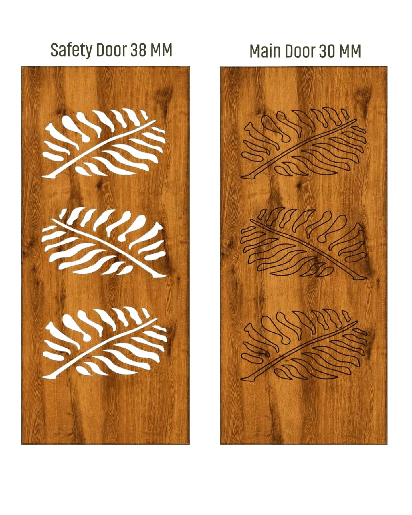 WD-517 wooden door — matched safety grill & main leaf design in laminate face over a CNC steel safety grill