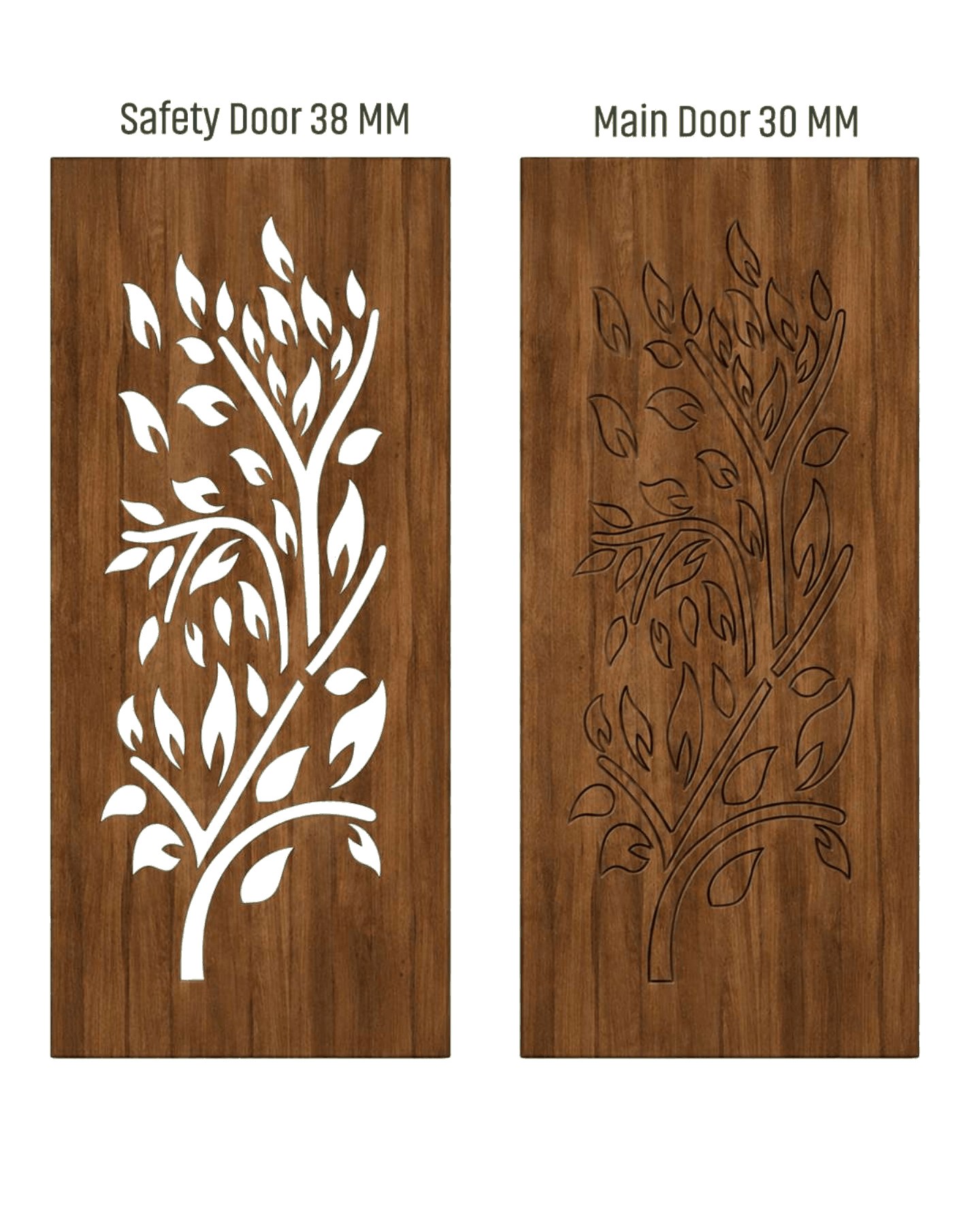 WD-518 wooden door — matched safety grill & main leaf design in laminate face over a CNC steel safety grill