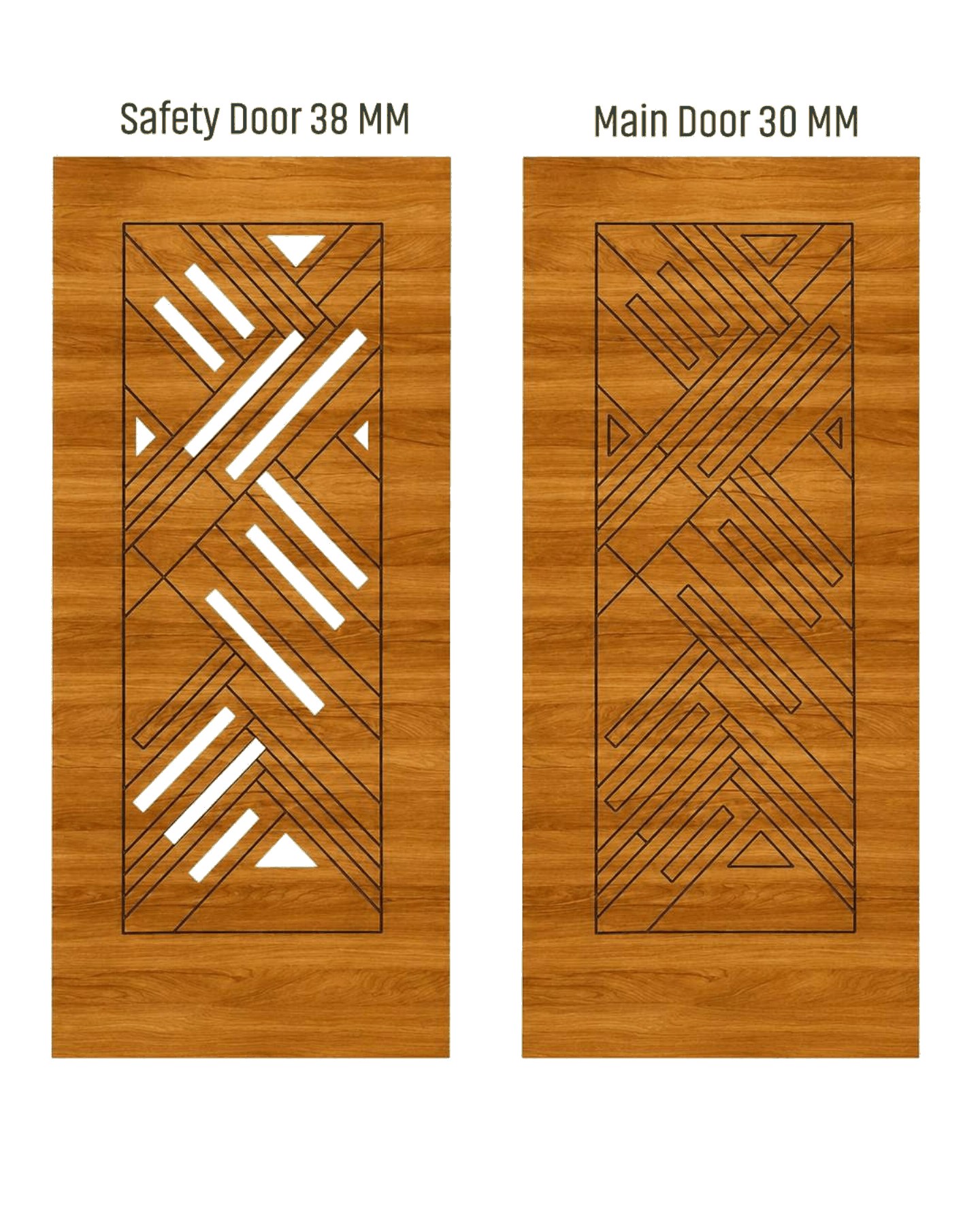 WD-519 wooden door — matched safety grill & main leaf design in laminate face over a CNC steel safety grill