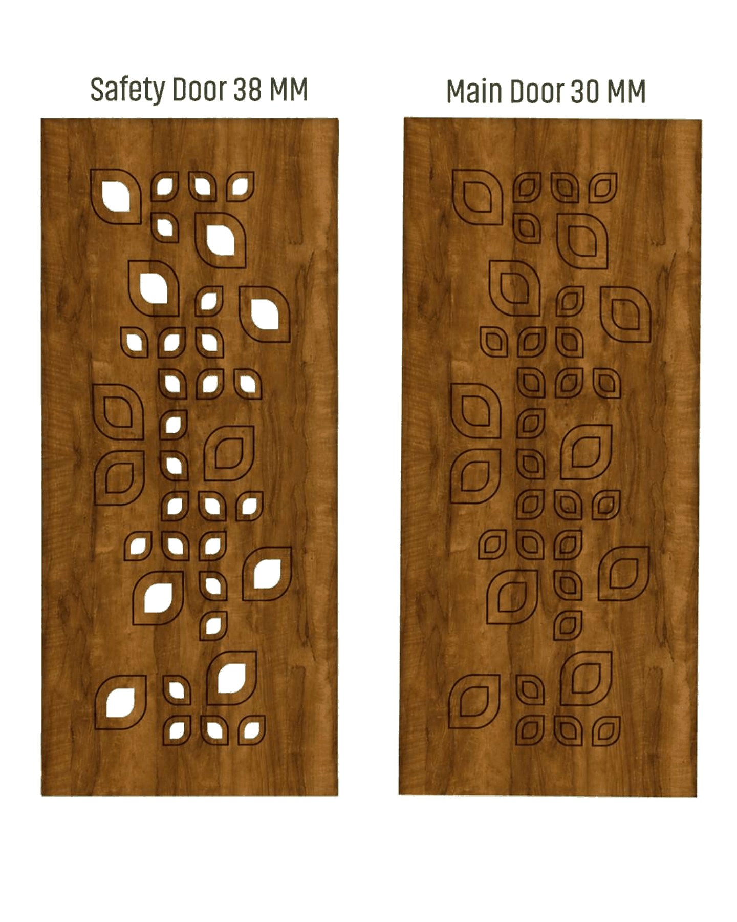 WD-520 wooden door — matched safety grill & main leaf design in laminate face over a CNC steel safety grill