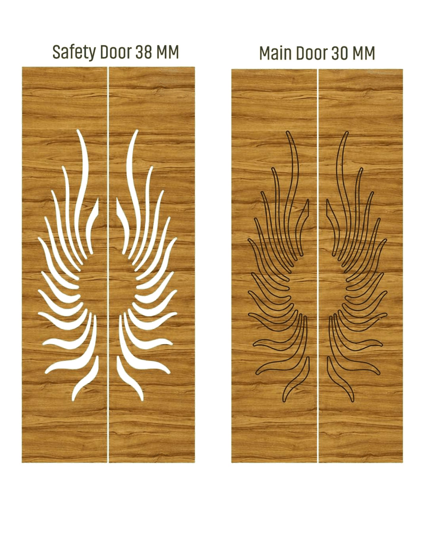 WD-523 wooden door — matched safety grill & main leaf design in laminate face over a CNC steel safety grill
