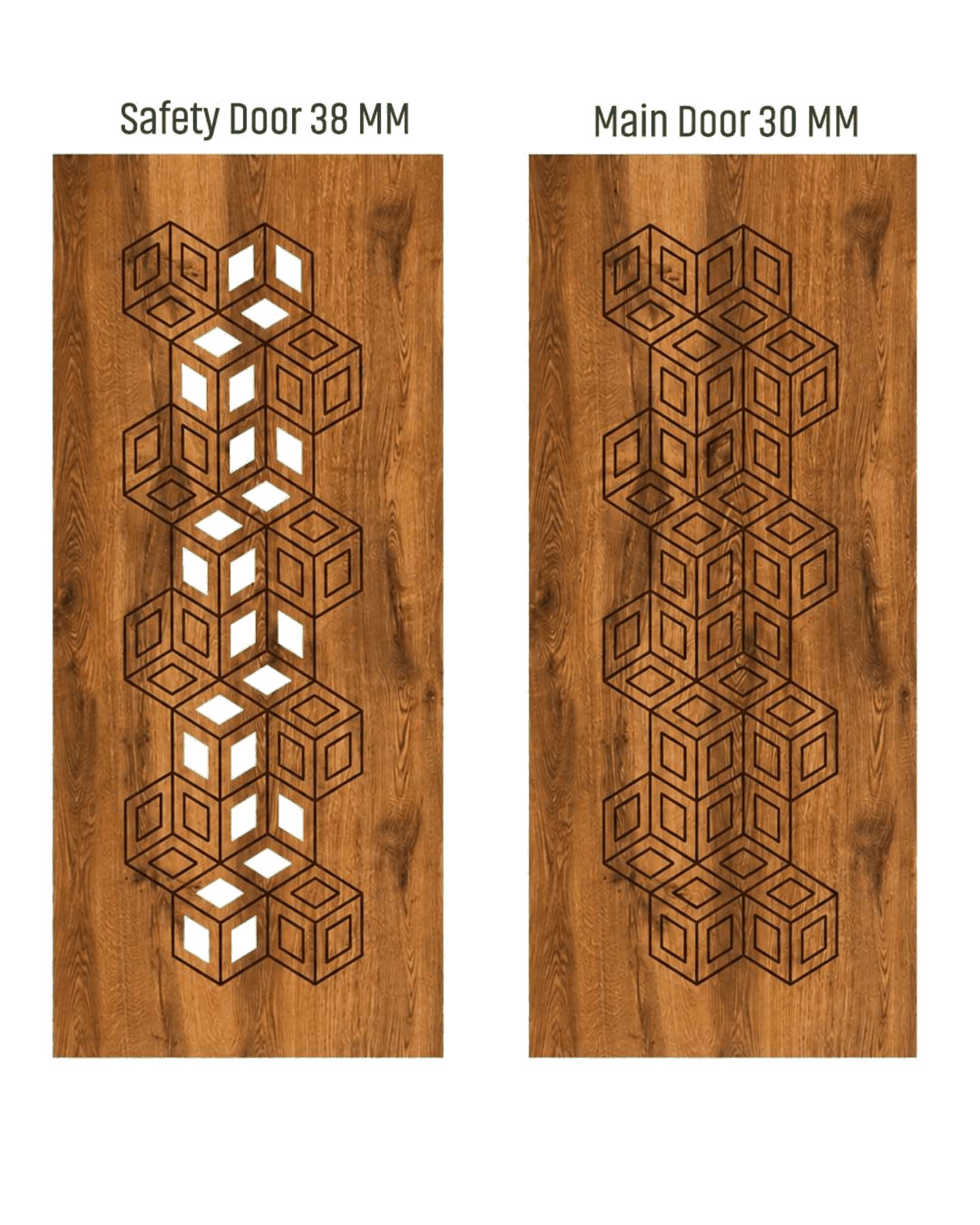 WD-524 wooden door — matched safety grill & main leaf design in laminate face over a CNC steel safety grill