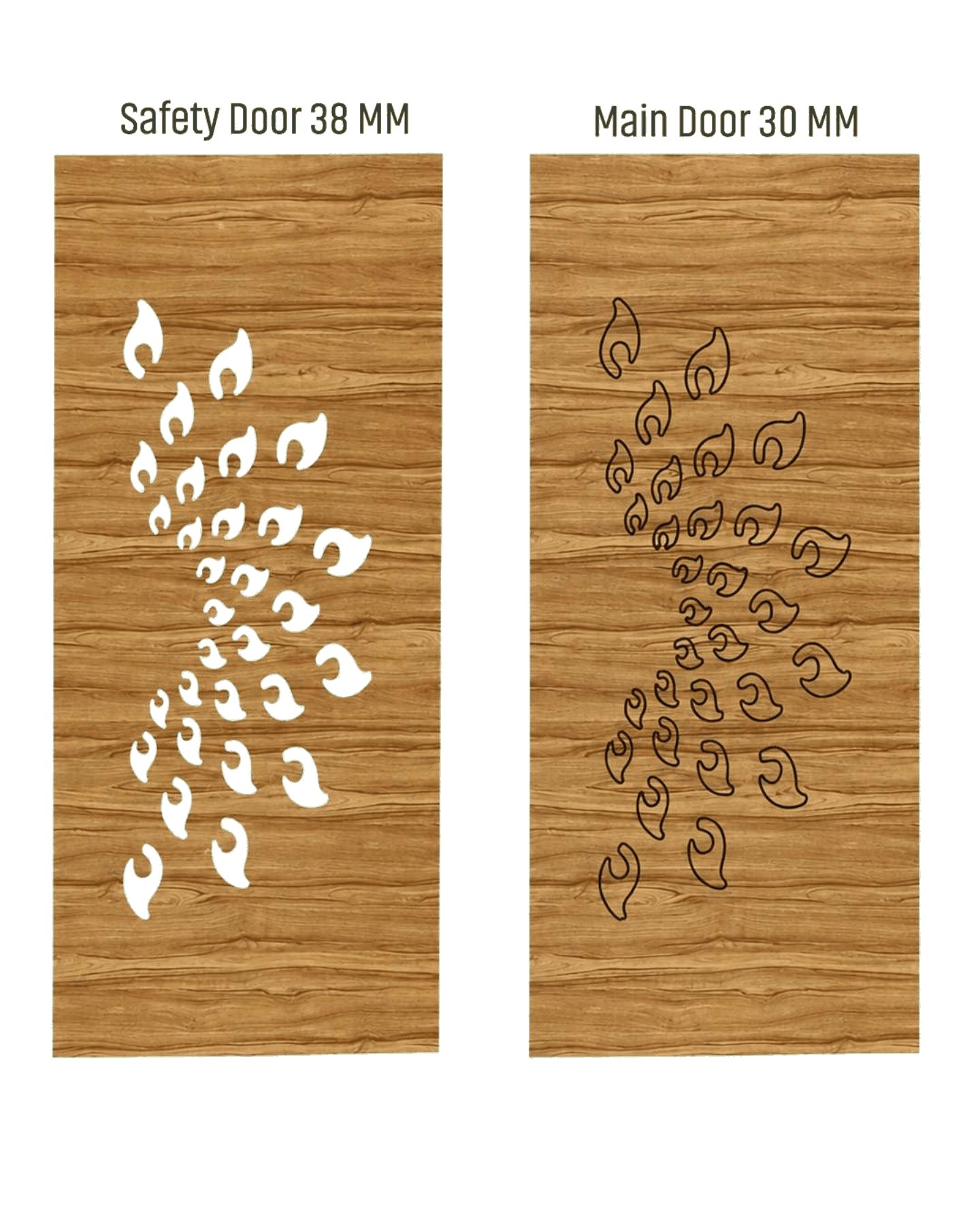 WD-525 wooden door — matched safety grill & main leaf design in laminate face over a CNC steel safety grill