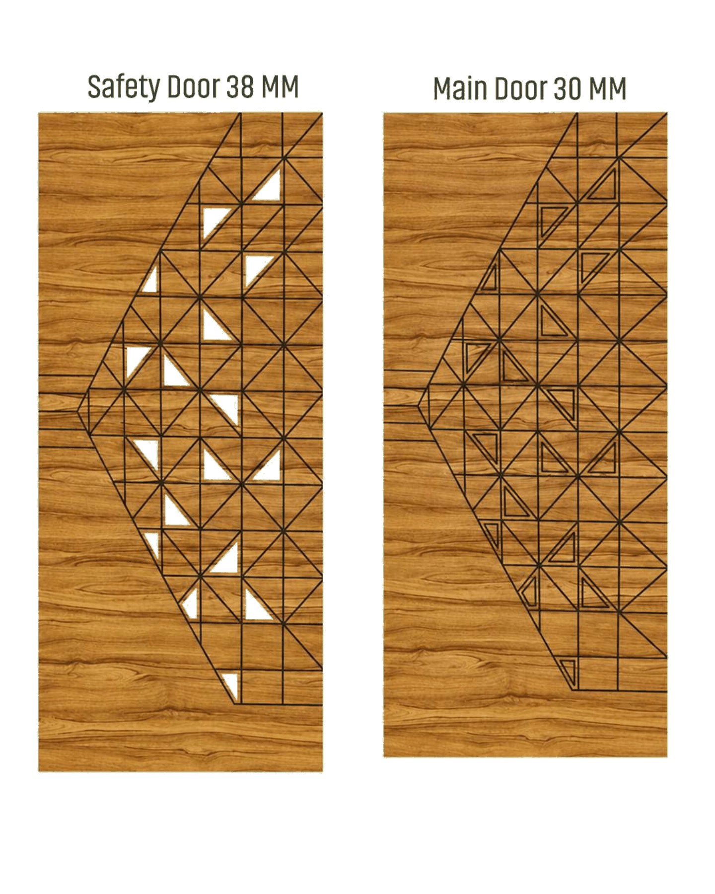 WD-526 wooden door — matched safety grill & main leaf design in laminate face over a CNC steel safety grill
