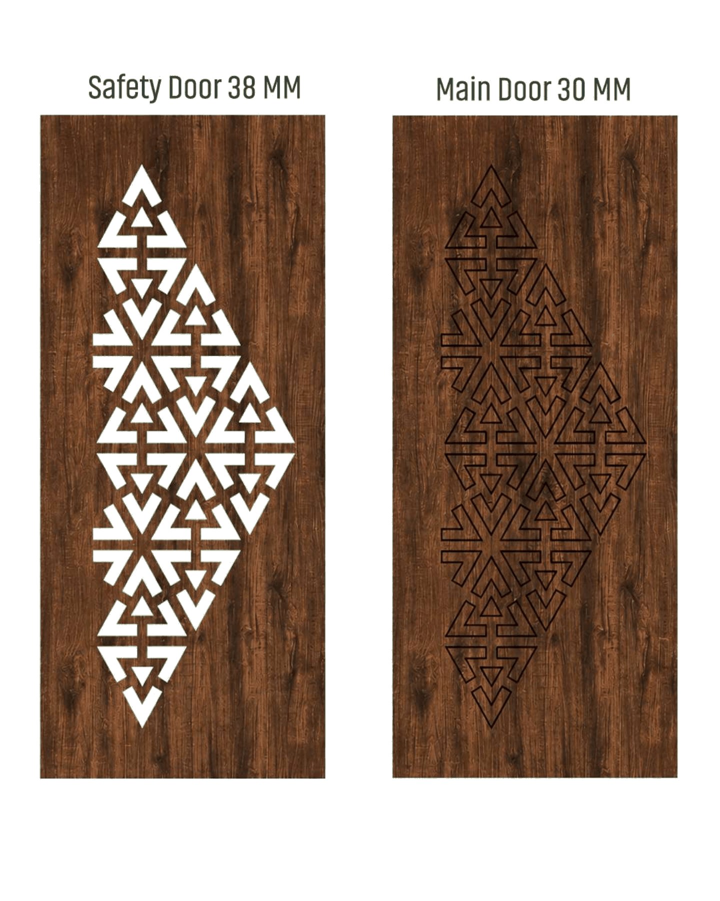 WD-527 wooden door — matched safety grill & main leaf design in laminate face over a CNC steel safety grill