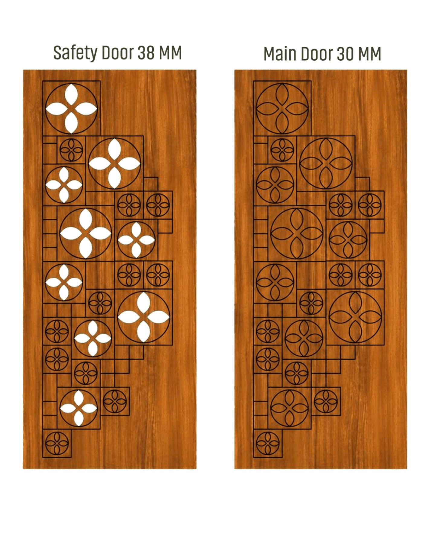 WD-529 wooden door — matched safety grill & main leaf design in laminate face over a CNC steel safety grill
