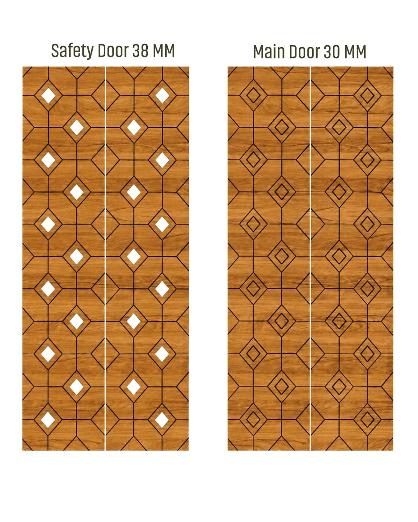WD-530 wooden door — matched safety grill & main leaf design in laminate face over a CNC steel safety grill
