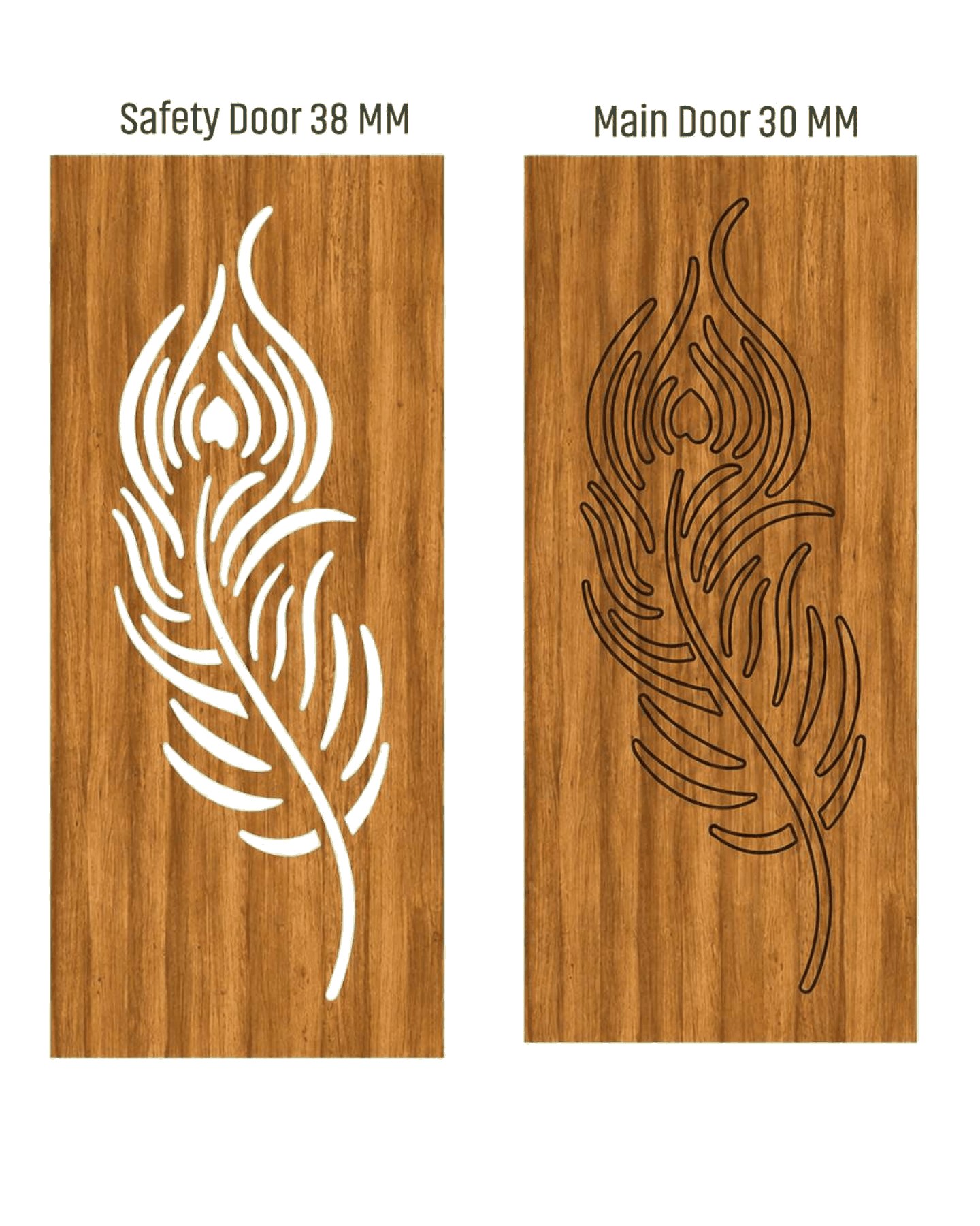 WD-532 wooden door — matched safety grill & main leaf design in laminate face over a CNC steel safety grill