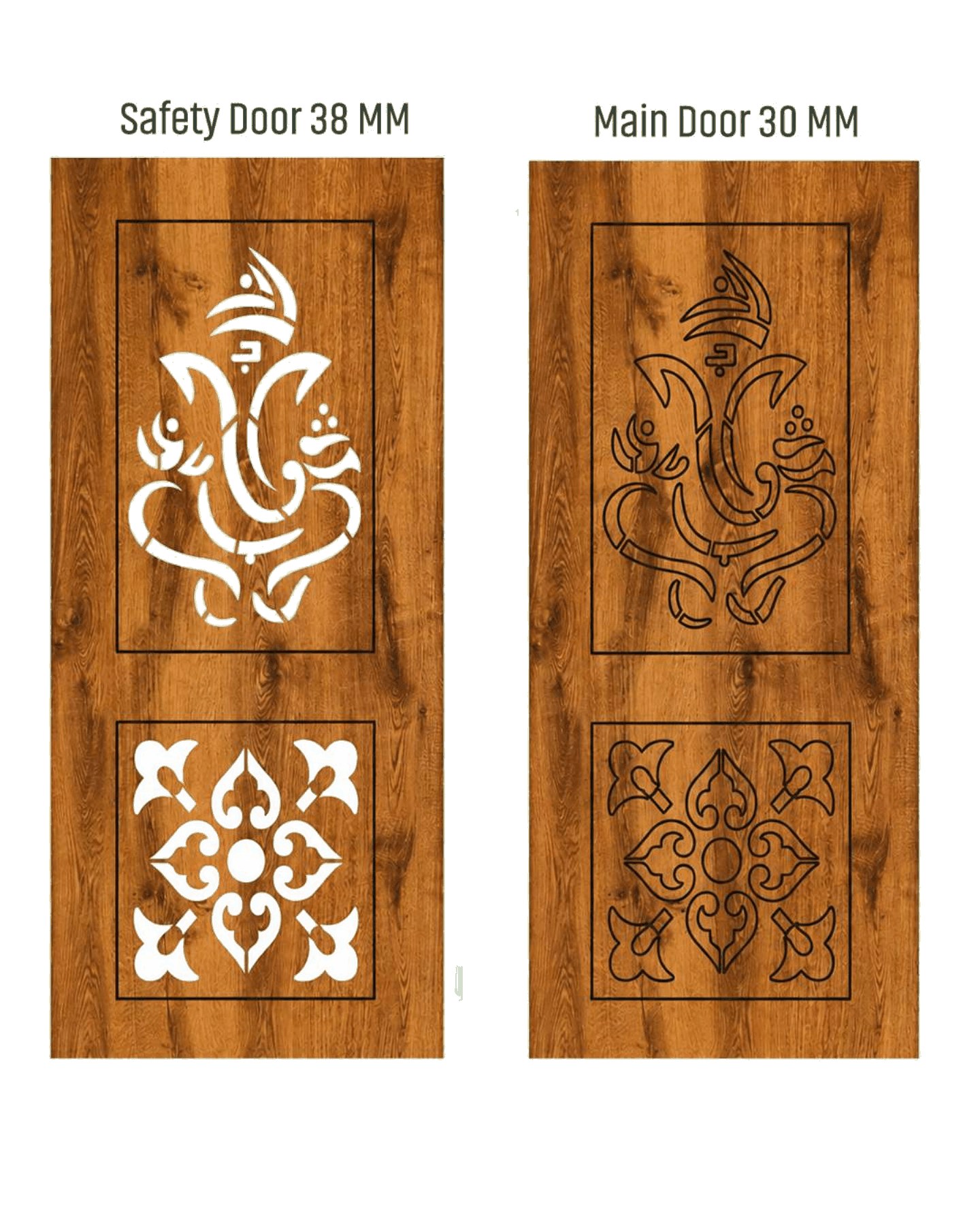 WD-534 wooden door — matched safety grill & main leaf design in laminate face over a CNC steel safety grill